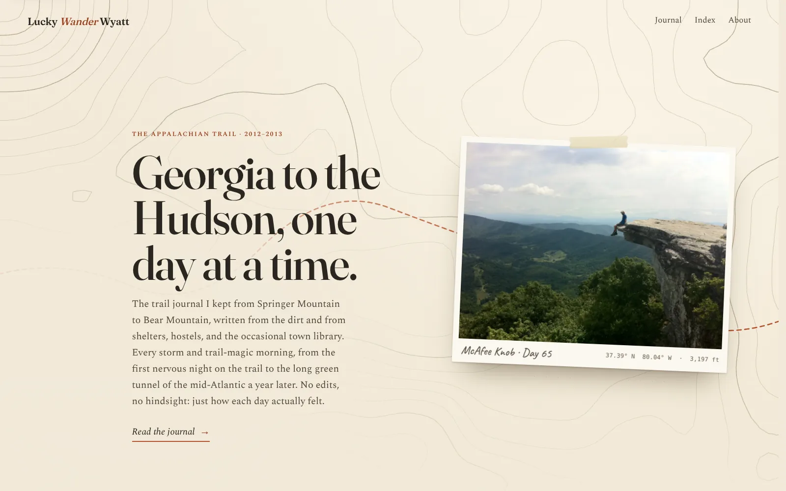 The luckywanderwyatt.com home page: “Georgia to the Hudson, one day at a time” beside a photo of McAfee Knob