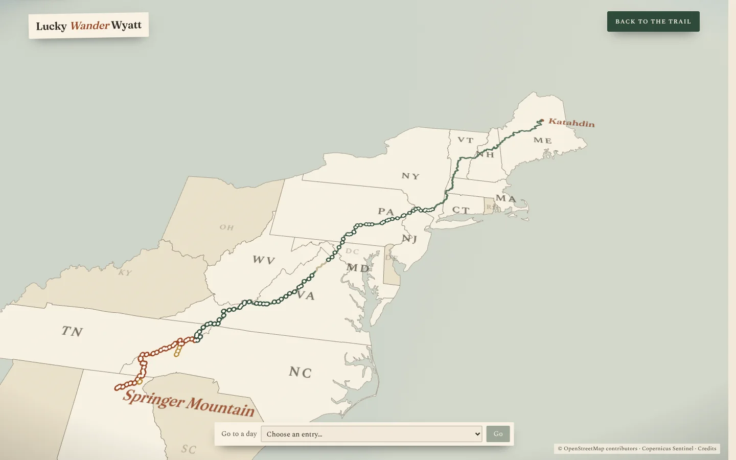 The trail map in luckywanderwyatt.com: the route from Georgia to New York with each night’s camp marked