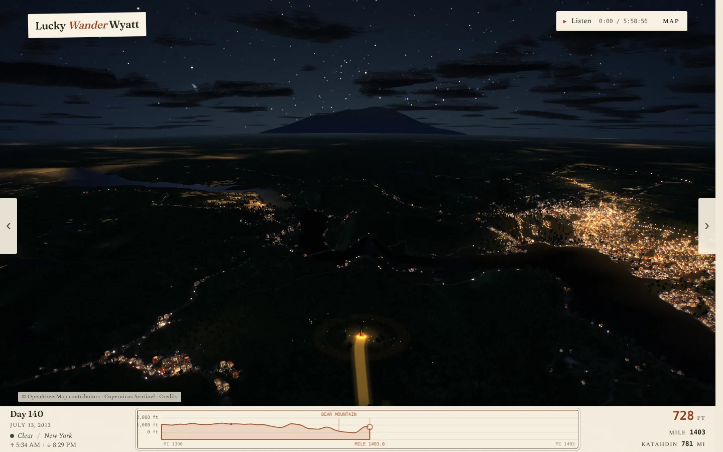 Night at the last camp, Bear Mountain, New York: stars over the hills and town lights along the Hudson, in the luckywanderwyatt.com 3D scene