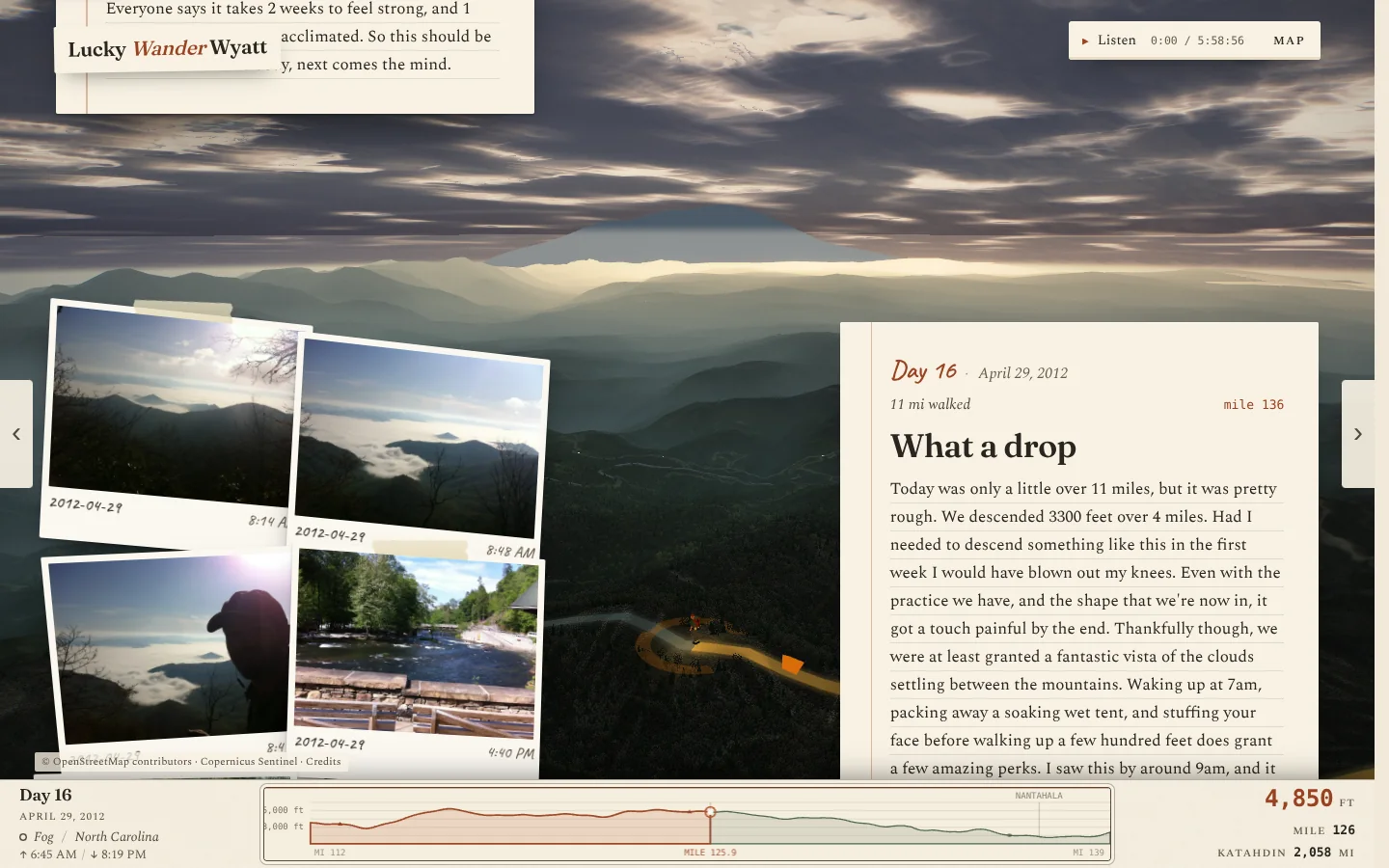 A journal entry from luckywanderwyatt.com: its words over the 3D trail, mountains and sky behind them