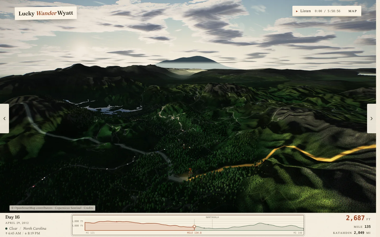 The 3D trail from luckywanderwyatt.com with the journal text put away: ridgelines under a clouded sky